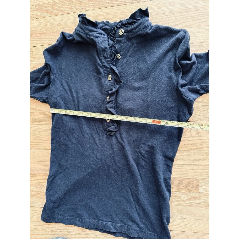 Tory Burch Navy Blue Pima Cotton Ruffle Henley LS Small Top Gold Logo Buttons